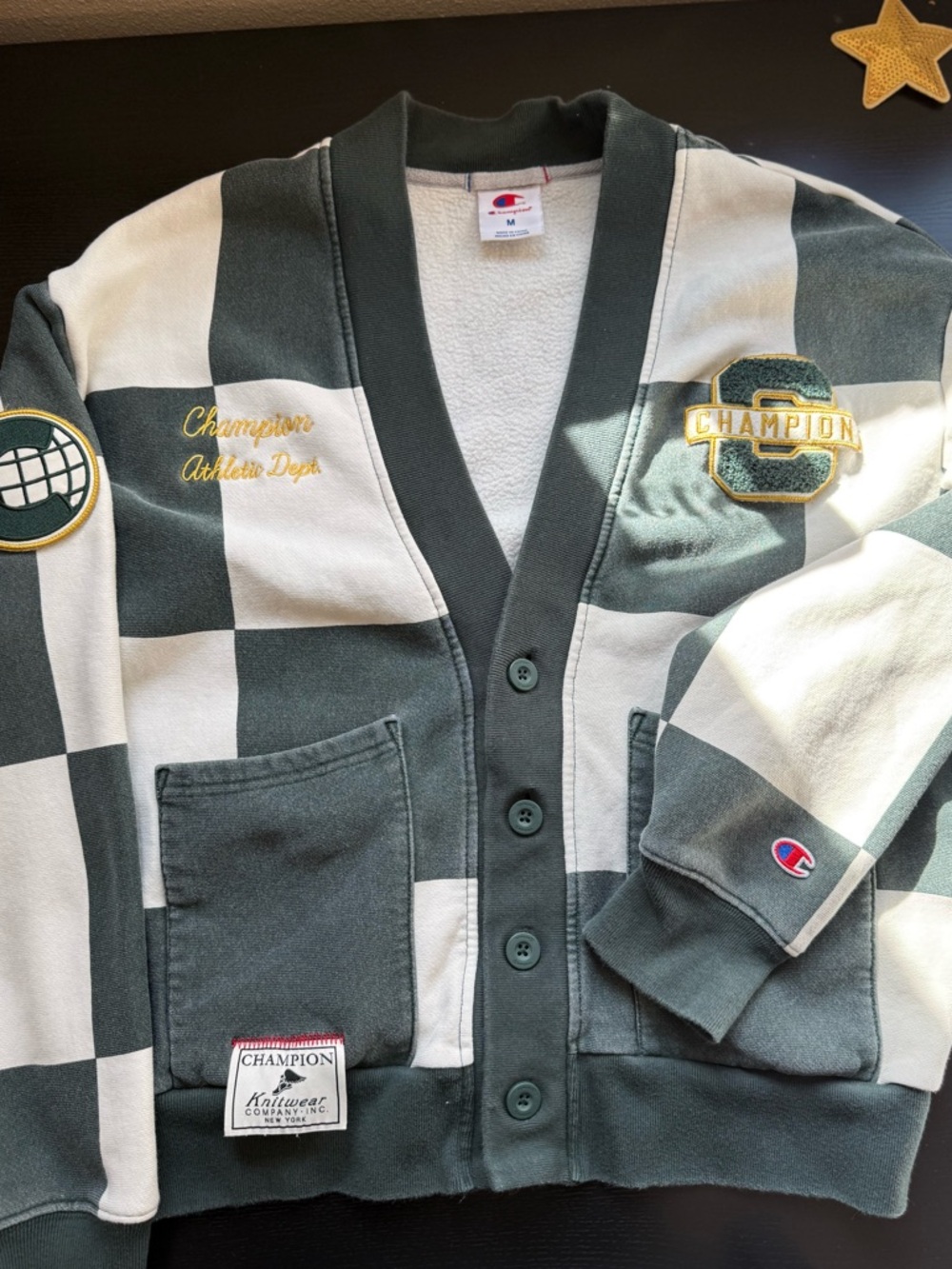 Champion Checkerboard Varsity Cardigan Sweater Jacket Medium Streetwear - Picture 6 of 8